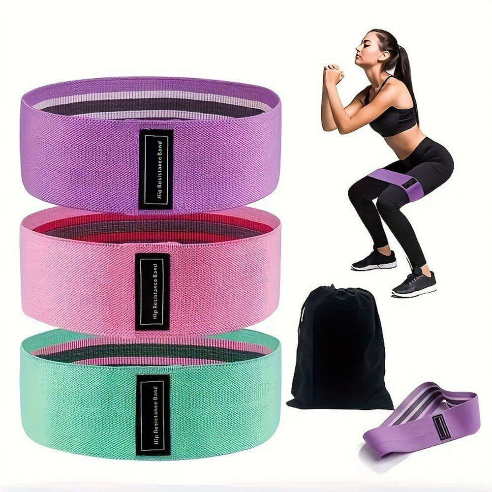 Three fabric resistance bands in light, medium, and heavy resistance levels